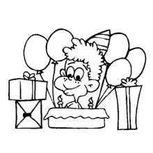 Boy celebrating his birthday with cake and balloons coloring page