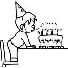 Boy blowing out birthday cake candles coloring page