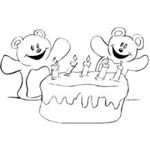 Two bears celebrating with a birthday cake coloring page