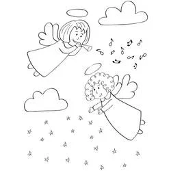Two Christmas angels flying in the sky coloring page
