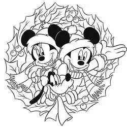 Minnie, Mickey and Pluto in a Christmas wreath coloring page