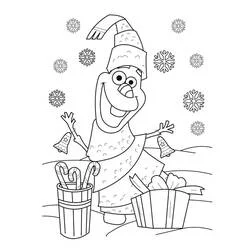 Olaf celebrating Christmas with bells and gifts coloring page