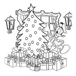 Donald Duck by the Christmas tree coloring page