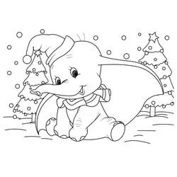 Dumbo sitting in the snow at Christmas coloring page