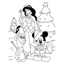 Jasmine, Mickey and Olaf celebrating Christmas coloring page