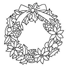 Christmas wreath with bow and pinecones coloring page