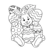 Easter bunny surrounded by decorated eggs coloring page