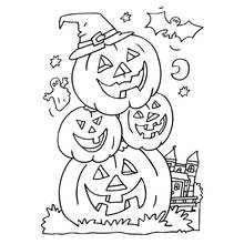 Stack of jack-o'-lanterns with witch hat coloring page