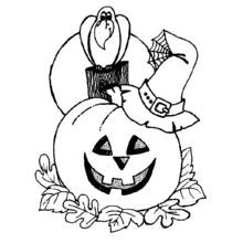 Jack-o'-lantern with crow and witch hat coloring page