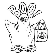 Ghost saying Boo with candy bag coloring page
