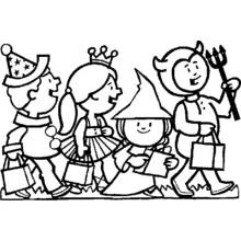 Kids trick-or-treating in costumes coloring page