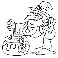 Cheerful witch with wooden spoon and smile coloring page