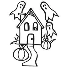 Haunted house with three ghosts and pumpkins coloring page