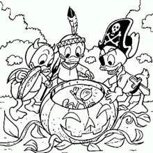 Donald Duck's nephews trick-or-treating at Halloween coloring page