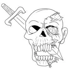 Half skull half torn face with dagger coloring page