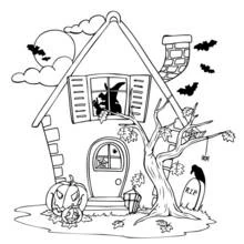 Haunted house with pumpkins and bats coloring page