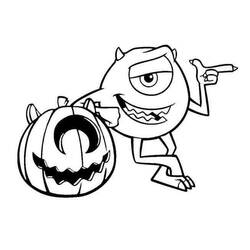 Mike Wazowski leaning on a Halloween pumpkin coloring page