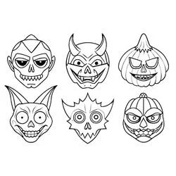Six spooky Halloween masks coloring page