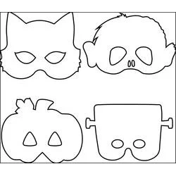 Four Halloween masks: cat, skull, pumpkin and monster coloring page