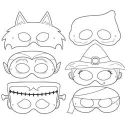 Six Halloween masks to color coloring page