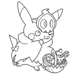 Pikachu wearing a Halloween pumpkin mask coloring page