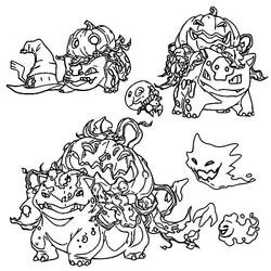 Halloween Pokemon with pumpkin bulbs and ghosts coloring page