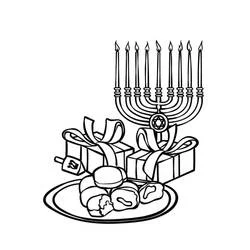 Menorah with gifts and sufganiyot coloring page