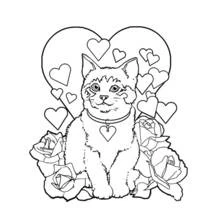 Cat sitting among hearts and roses coloring page