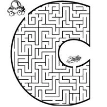 Letter C maze with car and corn coloring page