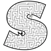Letter S shaped maze with spider and skunk coloring page