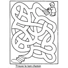 Boy escaping a curvy maze staircase coloring page