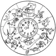 Animal clock mandala with hours coloring page