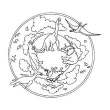 Mandala with dinosaurs and clouds coloring page
