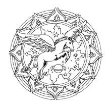 Winged horse mandala in a starry sky coloring page