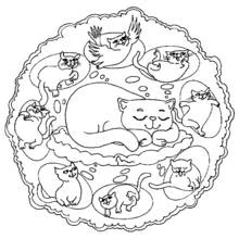 Mandala of a sleeping cat surrounded by kittens coloring page