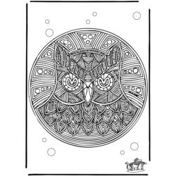 Owl mandala with geometric feather patterns coloring page