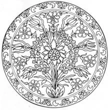Floral mandala with tulips and crescent border coloring page