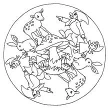 Mandala with fawns, rabbits and gnomes around a mushroom coloring page