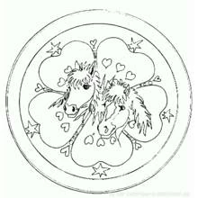 Mandala with two horse heads and hearts coloring page