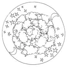 Mandala of sleeping sheep under the stars coloring page