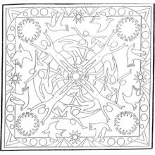 Mandala with dolphins, birds and dancing figures coloring page
