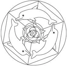 Dolphin mandala with four leaping dolphins coloring page
