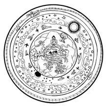 Animals mandala with meditating figure and sun coloring page