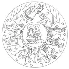 Mandala with a nativity scene and animals coloring page