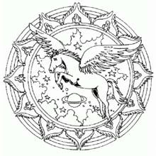 Pegasus mandala flying among stars and planets coloring page