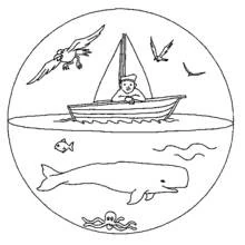 Mandala with sailor, whale and sea birds coloring page