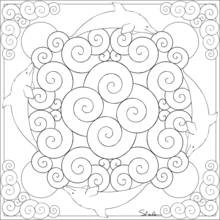 Mandala with four dolphins among swirling waves coloring page