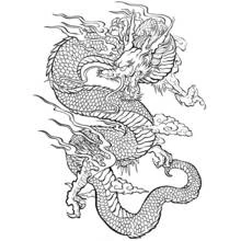 Asian dragon coiled among clouds coloring page