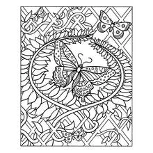 Butterfly framed by sunflowers and lattice pattern coloring page