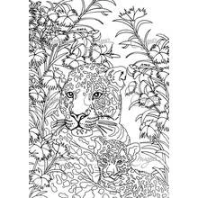 Leopard mother and cub in foliage coloring page